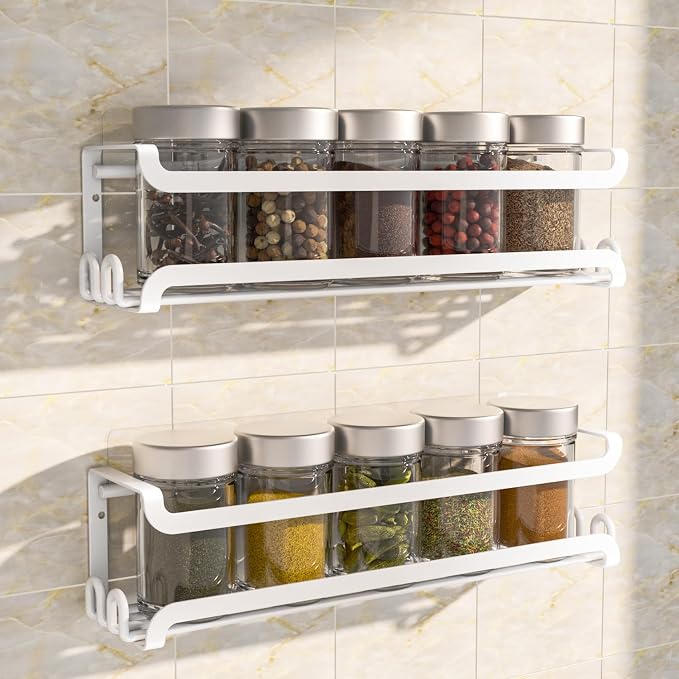LUCYCAZ 2 Pack Wall Mounted Spice Rack for Spice Jars & Seasonings (White) | 8 Metal Hooks, Space-Saving,Screw or Adhesive Spice Shelf Hanging,for Kitchen Cabinet,Pantry Door,RV,Camper Spice Orgnaizer