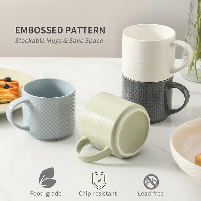 HASENSE Coffee Mugs with Metal Stand,15 oz Ceramic Stackable Mug Set Embossed Latte Cup, Ceramic Coffee Cups with Handle for Cappuccino and Tea, Multi Color