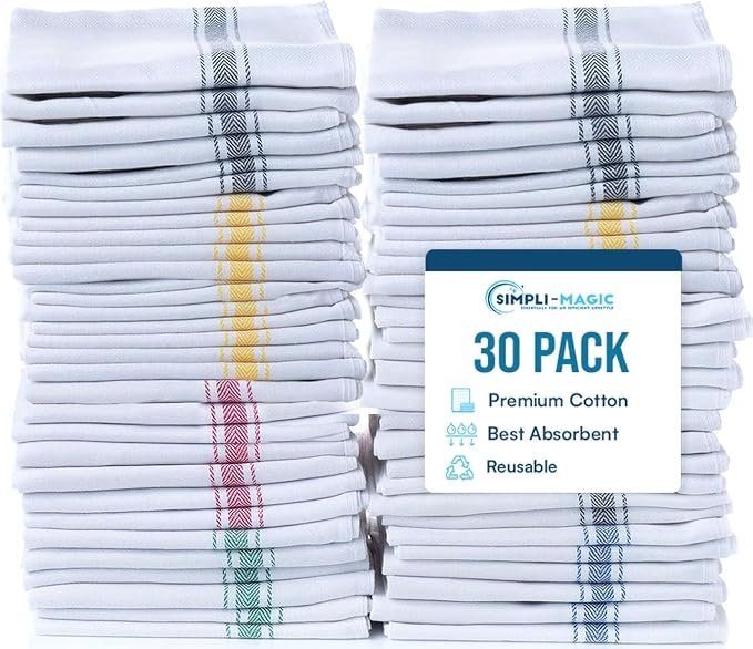 Simpli-Magic Cotton Herringbone Dish Towels, 15"x25" (30 Pack) – High Absorbent Kitchen Hand Towels (Multi-Color)