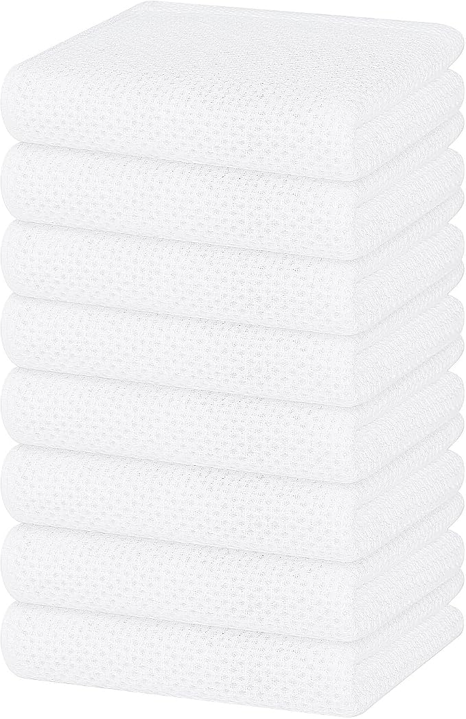 Homaxy 100% Cotton Waffle Weave Kitchen Dish Towels 8-Pack, White | 13 x 28 Inches, Ultra Soft Absorbent Dish Towels, Quick Drying Cleaning Towels
