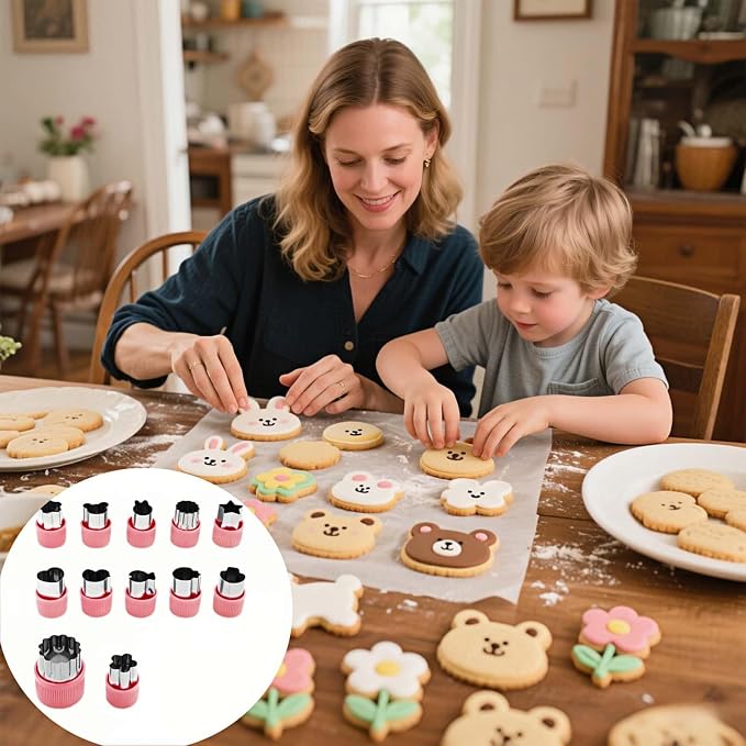 12-Piece Cookie Cutters Set-Stainless Steel&BPA-Free Shapes for Baking (Bear,Rabbit,Star,Flower) DIY Cookies,Mini Pies,Fondant,Veggies|Dishwasher Safe,Gift for teenager & Parents (12, Pink)