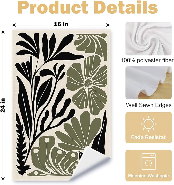 Abstract Green and Black Boho Floral Kitchen Towels Set of 2, 70s Retro Groovy Botanical Dish Tea Towels for Kitchen Decor, Mid Century Modern Hand Towels for Bathroom Decor, 16x24 Inch