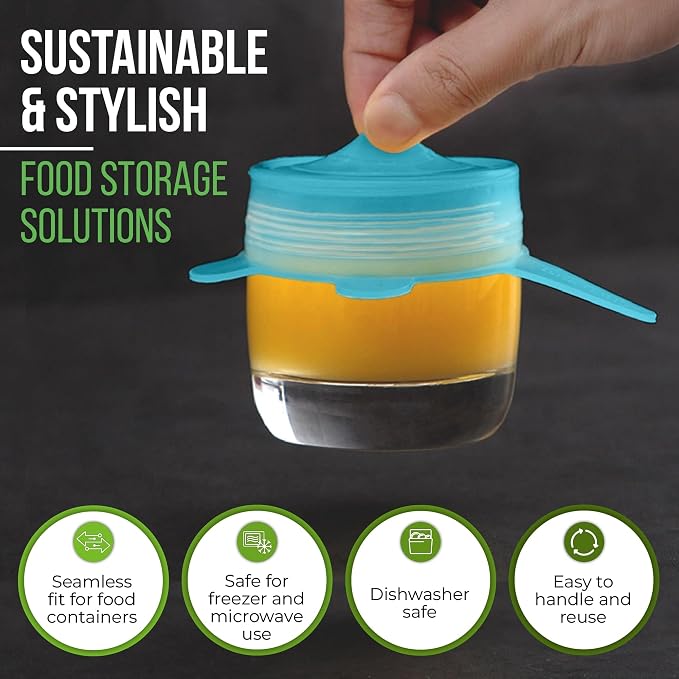 Reusable Silicone Stretch Lids for Food Storage in Fridge - Elastic Heat-Resistant Bowl Covers, Cups, Cans, Jars - Universal Food Grade Lid for Containers - 7 Pack - Blue Mist Stretchy Lid Set