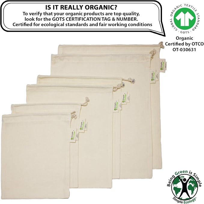 Reusable Grocery Produce Shopping and Storage Bags, Organic Cotton Muslin, Set of 6 (2 ea. of L, M, S)