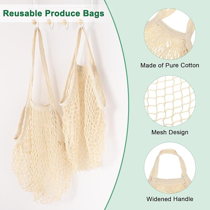 M METERXITY 2-Pack Cotton Mesh Bag, Reusable Washable Mesh Net String Grocery Bags, Reusable Produce Bags with Handle, Net Tote Bag for Fruits/Vegetables Shopping [Cream, Long&Short Handle]
