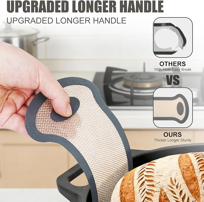 Silicone Bread Sling, Silicone Baking Sling with Longer Handles, Non-Stick & Easy Clean Dutch Oven Baking Mat to Transfer SourDough Easily, Reusable Bread Mat Set (2 Pcs Grey Oval)