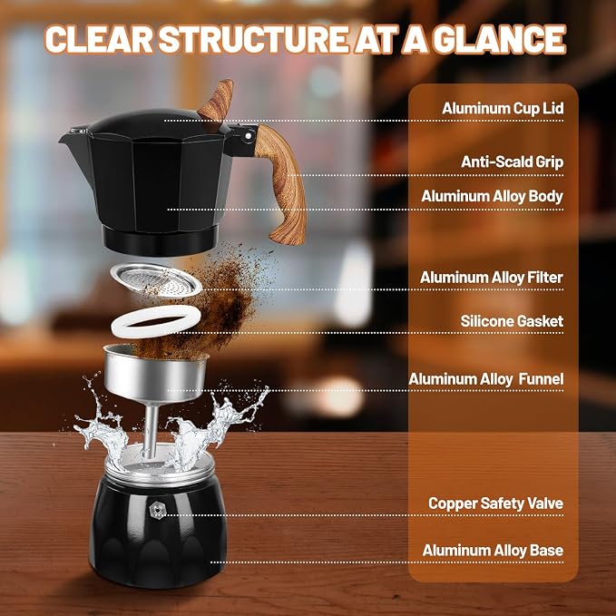 3 Cup Aluminum Espresso Stovetop Moka Pot Express Coffee Maker Percolator Italian Classic Mocha Coffee Machine for Italian and Cuban Cafe Brewing for Home & Camping 150ml 5oz