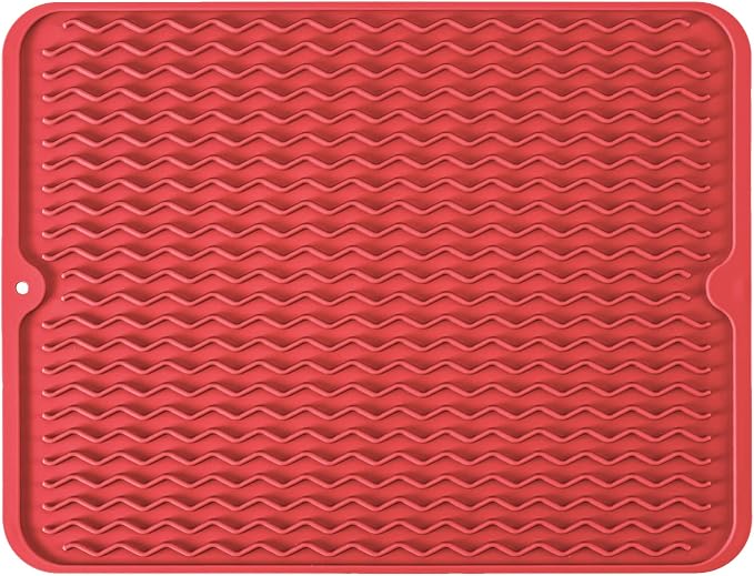 Silicone Dish Drying Mat, Non-Slip Easy Clean Sink Mat, Red, 17" x 14" | Quick-Dry Ridges, Large Heat-resistant Dish Drainer Mat for Kitchen Counter, Hangable & Roll-Up for Storage, Dishwasher Safe