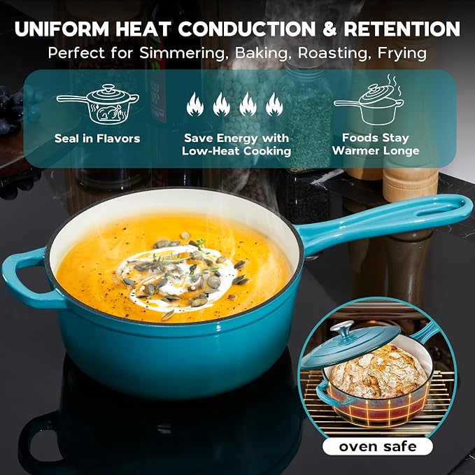 Onader 3QT Enameled Cast Iron Saucepan with Lid, Small Sauce Pan, Enamel Cast Iron Dutch Oven Cooking Pot, Nonstick & Heavy Duty – Dark Cyan