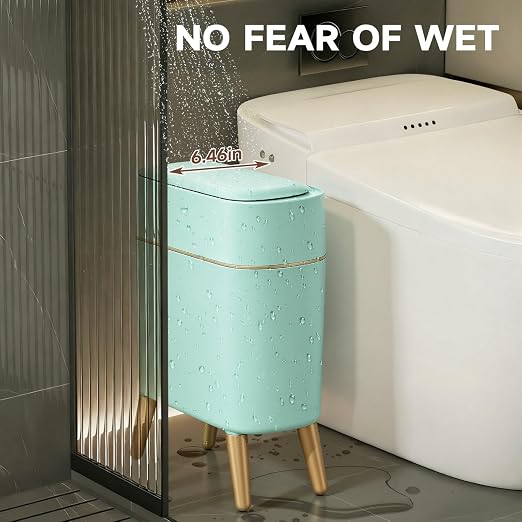 Touchless Bathroom Trash Can with Lid, Cute Tall Green Wastebasket | Waterproof,Narrow,Automatic,Convenient and Hygienic Easy to Use，2.6 gallon Small Garbage bin for Bedroom, Office，Living Room