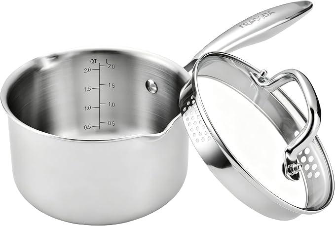 2.0 Quart Stainless Steel Pot Saucepan with Glass Strainer Lid, Sauce Pot with Two Side Spouts, Induction Cooking Pot, Multipurpose Sauce Pan with Lid for Cooking