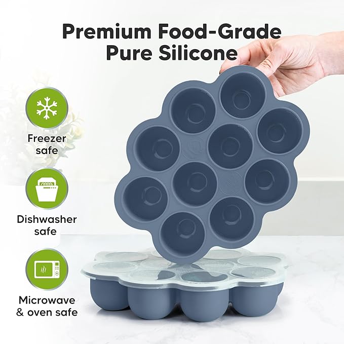 KeaBabies Silicone Food Freezer Trays with Lid, 2oz x 10 Pods (Slate) | Baby Food Storage Containers, Easy Puree Meal Prep, Breast Milk Silicone Freezer Molds, Dishwasher, Microwave Safe, BPA-Free