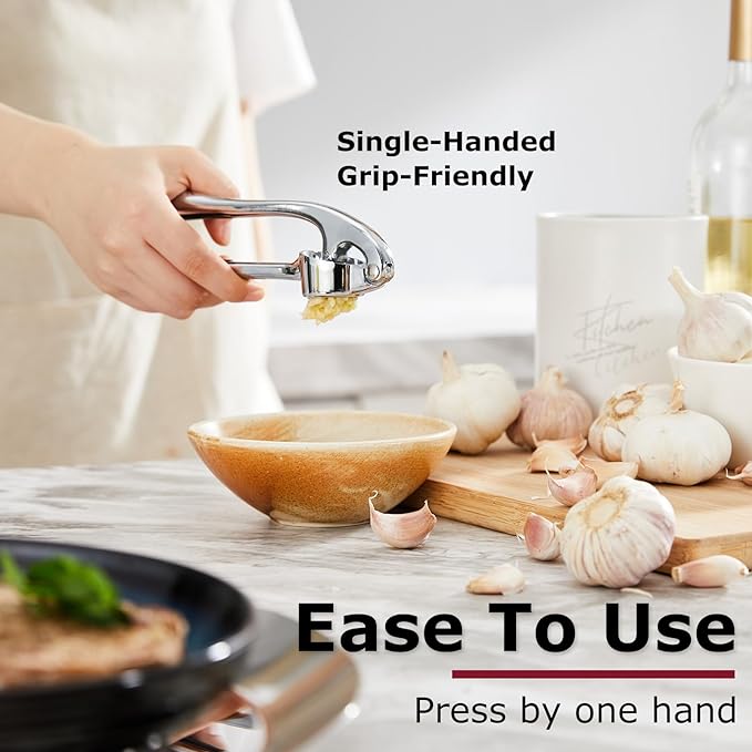 Kitessensu High Effective Garlic Press With Studs, Heavy Duty Garlic Mincer, Easy to Squeeze and Clean, Rust Proof, Ginger Crusher- Imperial Silver