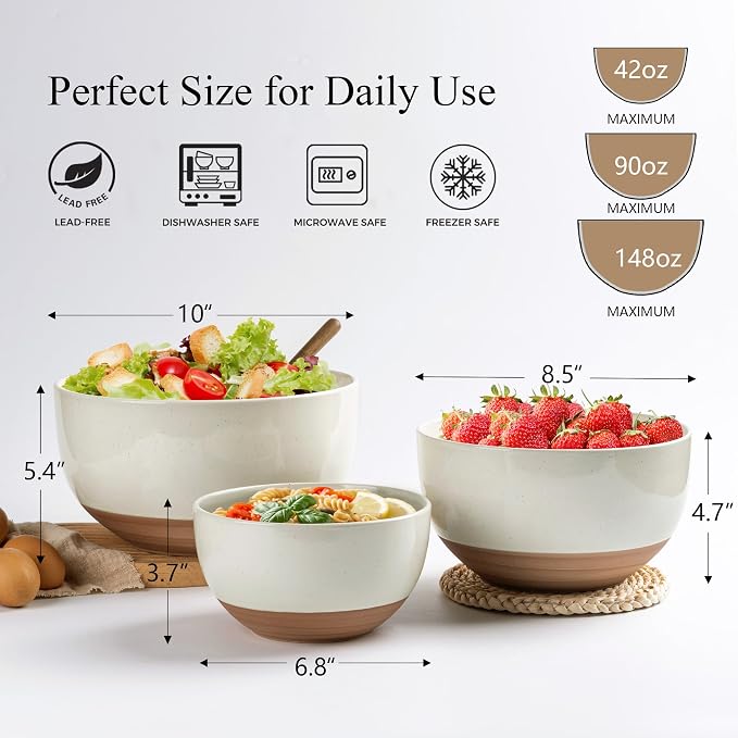 AmorArc Ceramic Mixing Bowls|Nesting Bowls Set of 3 for Kitchen|Stoneware Serving Bowls with Rustic Terracotta Underside for Mixing,Cooking,Baking,Salad| Microwave & Dishwasher Safe 4.6/2.8/1.3 Qt