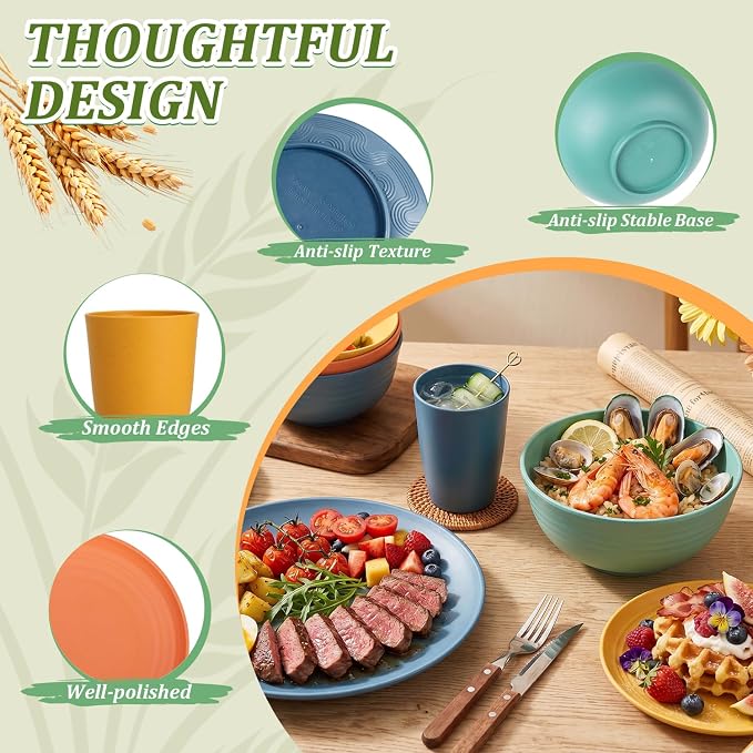 PYRMONT 40 PCS Wheat Straw Plates and Bowls Set Unbreakable Dinnerware Set Dishes for 8-Plate Sets,Cups Set,Microwave & Dishwasher Safe Bowls Set for Party,Family Gathering,RV-Multi
