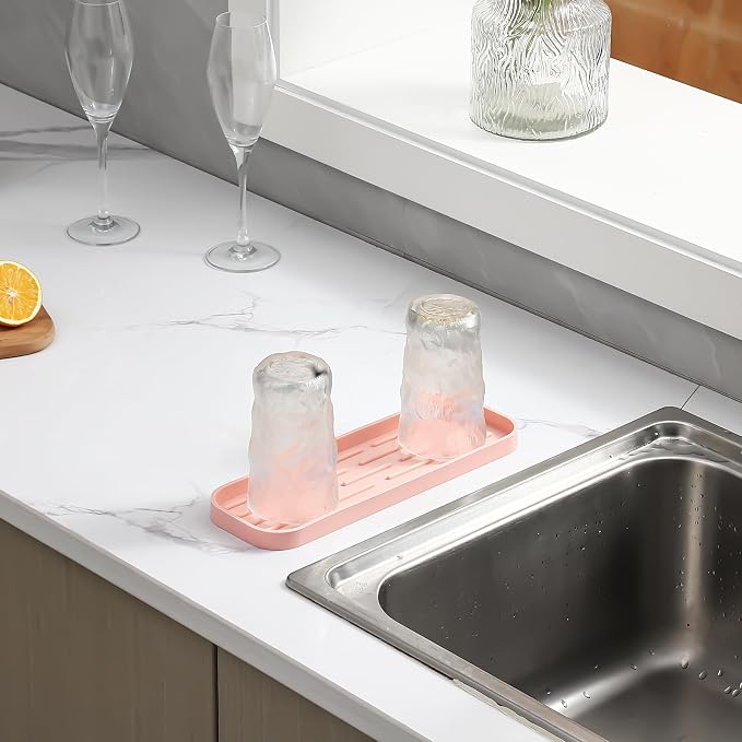 MicoYang Silicone Kitchen Sink Organizer Tray for Multiple Usage,Easy Clean,Eco-Friendly Sponges Holder for Kitchen Bathroom Counter or Sink,Dish Soap Dispenser,Scrubber,Bottle,Cup Pink 12" x 4”