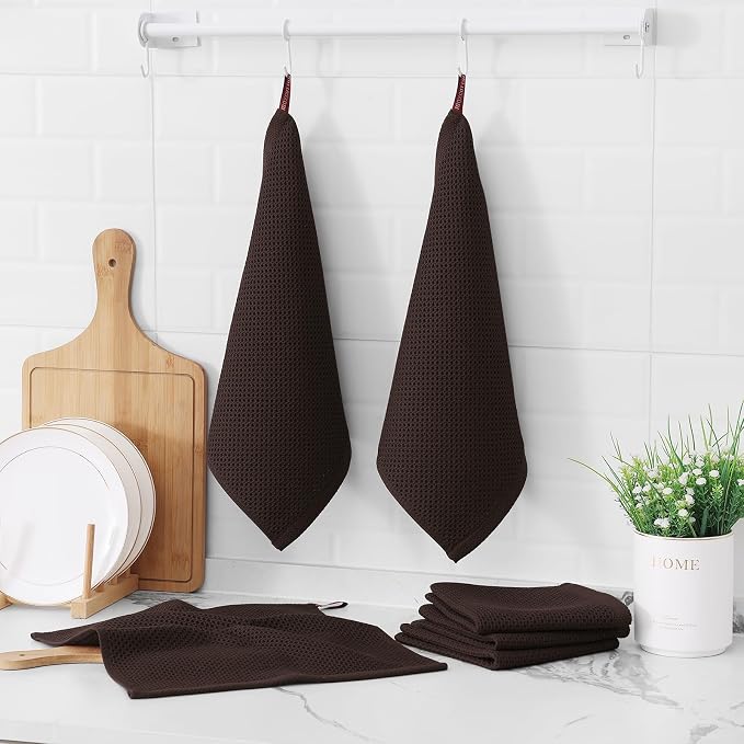 Kitinjoy 100% Cotton Waffle 6-Pack Kitchen Towels, 12" x 12", Dark Brown | Ultra Absorbent, Super Soft, lightweight, Quick Drying Dish Rags for Washing Dishes