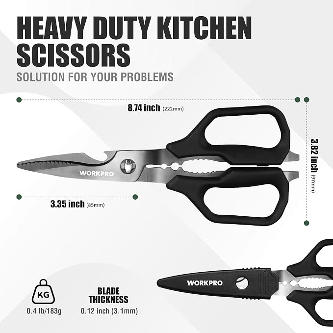 WORKPRO Kitchen Scissors, All Purpose Kitchen Shears Titanium Coated | Detachable Stainless Steel Blades, for Easy Cleaning, Heavy Duty for Meat, Fish, Nuts, Vegetables, Protective Cover Included