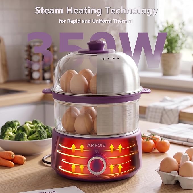 14 Eggs Electric Egg Cooker, 350W Rapid Egg Boiler with 30-Min Timer & Auto Shut-Off, Stainless Steel, Dishwasher Safe for Soft, Medium, Hard Boiled, Steamed Eggs, Vegetables & Seafood, Purple