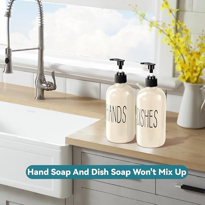 COHOSEGE Glass Soap Dispenser Set 2 Pack,16 Oz Dish Soap Dispenser for Kitchen Sink,Beige Kitchen Accessories and Kitchen Decor,Beige Decorations and Kitchen Utensils for Kitchen