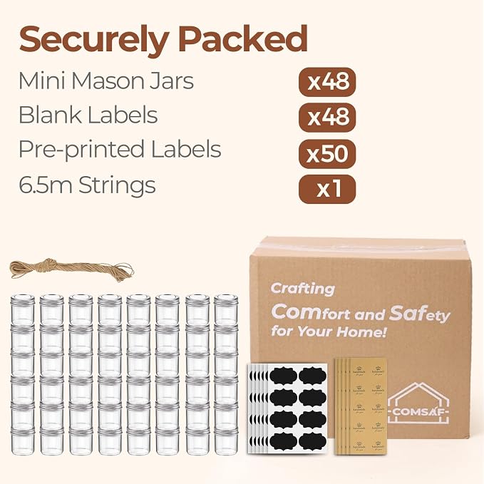 ComSaf 2 oz Mini Mason Jars Bulk Set, 48 Pack Glass Jars with Lids | BPA-Free Materials, Ginger Shots, Honey Samples, Dressing Containers, Sauces, Spices, Wedding Favors, For Canning Project