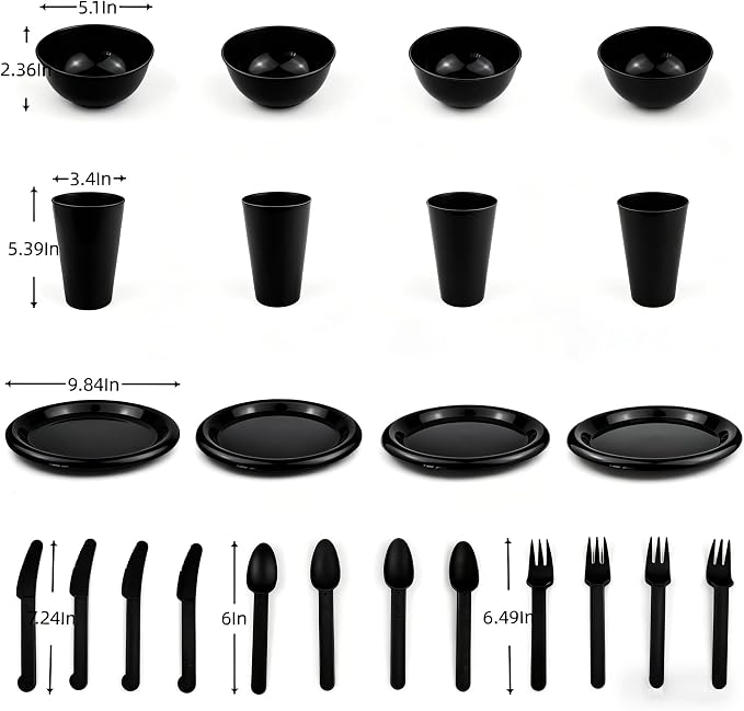 24Piece Plastic Plates and Bowls Sets Dinnerware Set Dishes Set for 4,College Dorm Room Essentials,Camping Plates and Bowls with Tumbler,Knives,Forks and Spoons,Mess Kit,Microwave Safe,BPA Free-Black