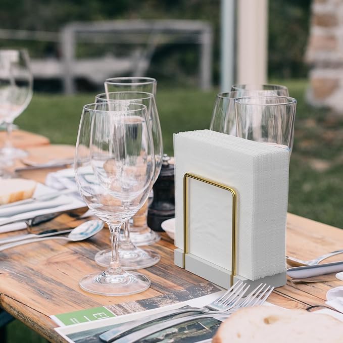 Wican Napkin Holder for Table, Bamboo Iron Standing Napkin Dispenser | Dining Table Farmhouse Cocktail Picnic Rustic Wood Holders, Suitable for All Kitchen Dining Room Decor, Gold & White