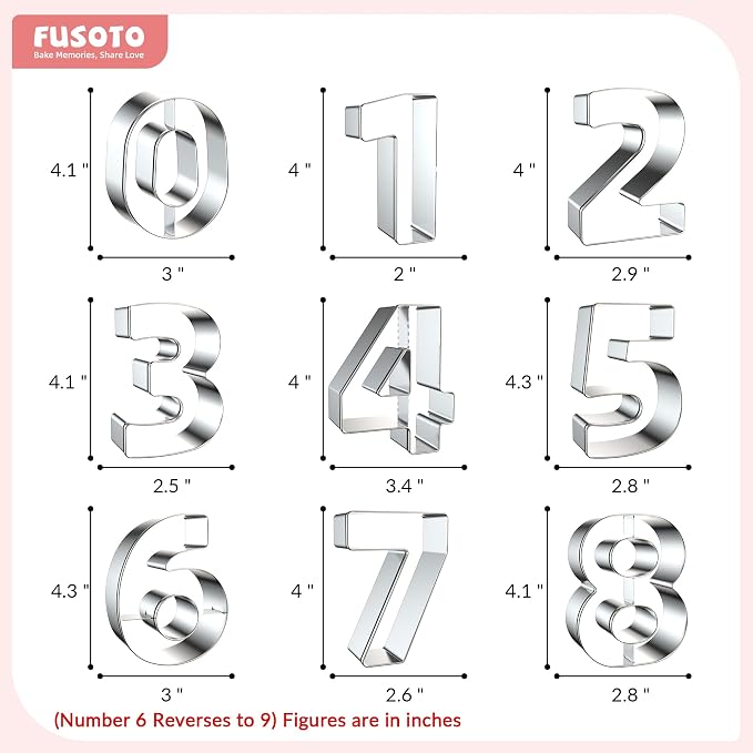 FUSOTO 9PCS Number Cookie Cutters Set, 4 Inches Number 0-8(6 Reverses to 9) | DIY Alphabet Cake&Cookie, Stainless Steel Cookie Cutters for Baking, Letters Shaped Baking Tool for Homemaking Cookie, Dough