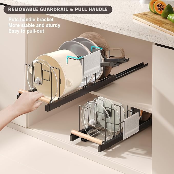 Magheo 2 Pack Pull Out Pots and Pans Organizer Under Cabinet, 22" Deep Expandable Pot Lid Organizer and Storage with 10 Adjustable Dividers Adhesive Pot and Pan Holder Rack with Handle Bracket(Black)