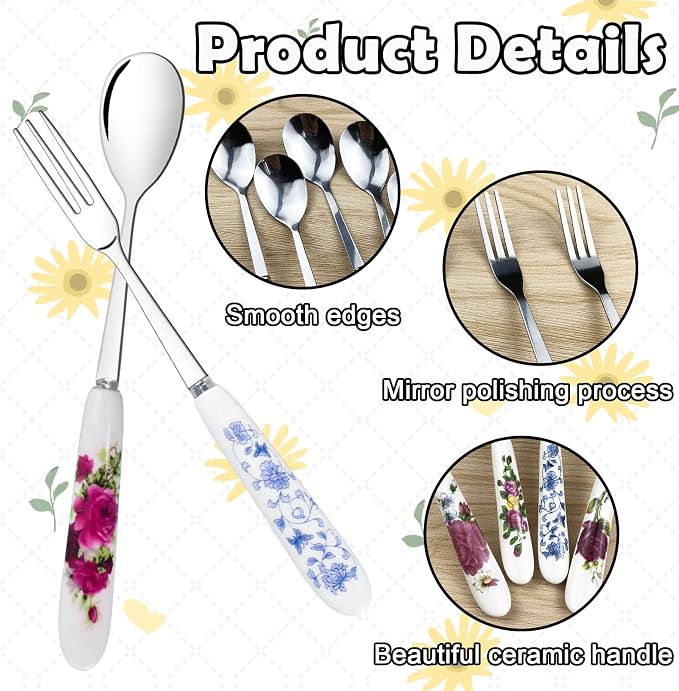 14 Pcs Dessert Forks and Spoons Silverware Set,Stainless Steel | Cutlery Forks,Mini Coffee Spoons Pastry Forks with Porcelain Handles,Cake Fork Tea Spoons for Dessert Appetizers,Salad,Fruit