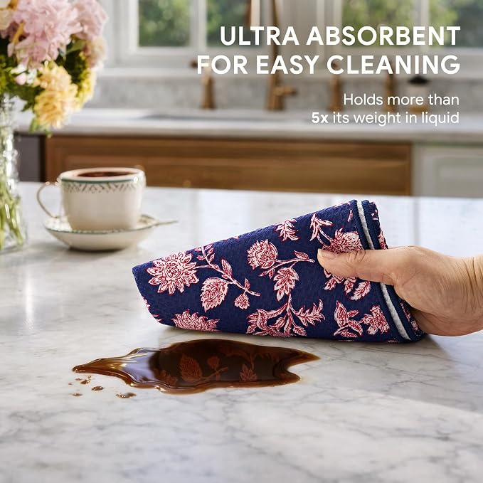 RECYCO Waffle Kitchen Towel Set of 2 - Quick Dry Microfiber Sustainable Dish Towels - Ultra Absorbent Reusable Cleaning Tea Towels - Lightweight Hand Towels,16”x 28”, Americana Bloom