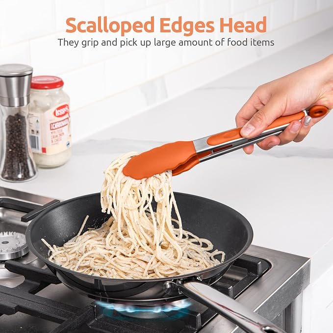 U-Taste Kitchen Tong for Cooking, 600ºF Heat-Resistant Tps, 9in/Orange | Rubber Tong for Serving Food, Salad/Grill/BBQ/Steak/Pasta Silicon Tongs, 18/8 Stainless Steel Handle & Smooth Locking