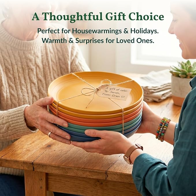 10 inch Wheat Straw Dinner Plates Set of 8 - Alternative to Plastic, Microwave & Dishwasher Safe, Unbreakable Kids Plates with 4 Colors (Classic Bright)
