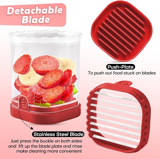 Creative Strawberry Slicer, Detachable Cutter with Push Plate (Red)