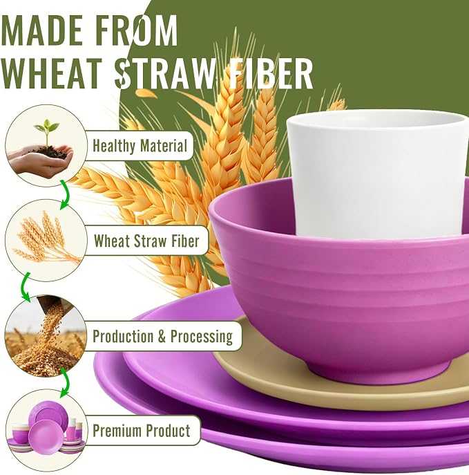 Wheat Straw Dinnerware Sets 40 PCS Bowl and Plate Sets With Cup Dishes Set for 8 Unbreakable Dish Sets Microwave Safe Plates Dinner Bowls Drinking Glasses With 4 Color - Flower Color