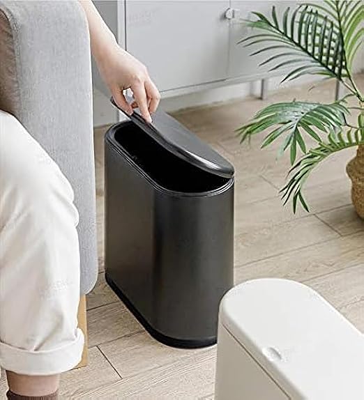 Sooyee 10 Liter Rectangular Plastic Trash Can, Black | 2.4 Gallon, Press Type Lid, For Bathroom, Powder Room, Bedroom, Kitchen, Craft Room, Office