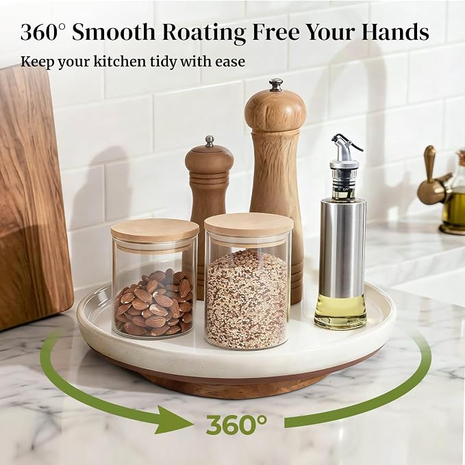 Ceramic Lazy Susan Turntable Organizer, 10.3 Inch Round Rotating Tray with Acacia Wood Base, White Speckled Glazed Spice Rack for Kitchen Countertop, Dining Table,Farmhouse Decor，Khaki White