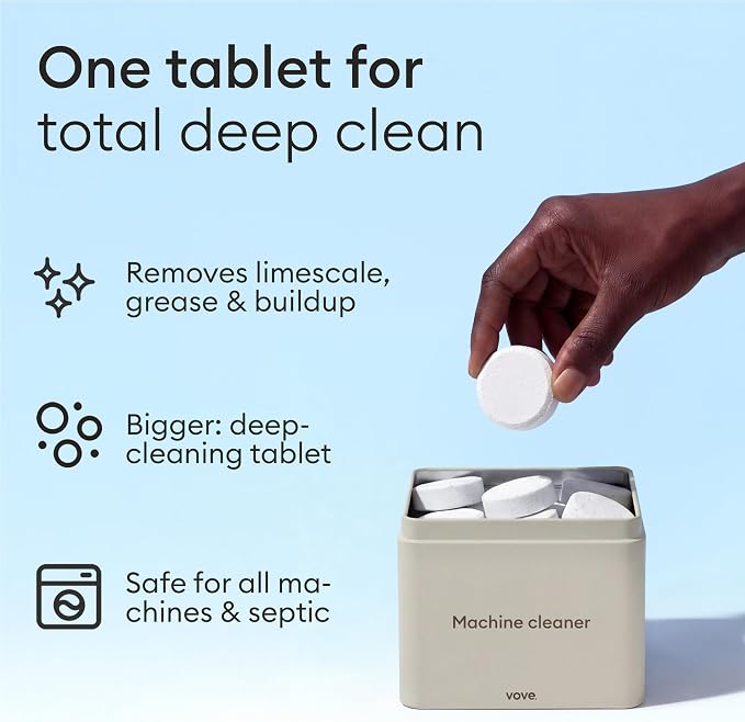 Vove Washing Machine Cleaner Tablets, 12 Count - Deep Clean Descaler for Odor, Residue and Hard Water - Enzyme and Oxygen-Powered Formula, Front Load and Top Load, FSC-Certified Kraft Packaging