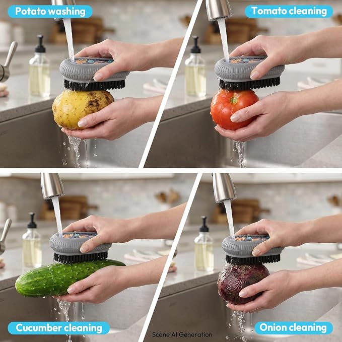 Fruit and Vegetable Brush, Multi-Purpose Produce Scrubber Brush with Non-Slip Handle & Hanging Loop