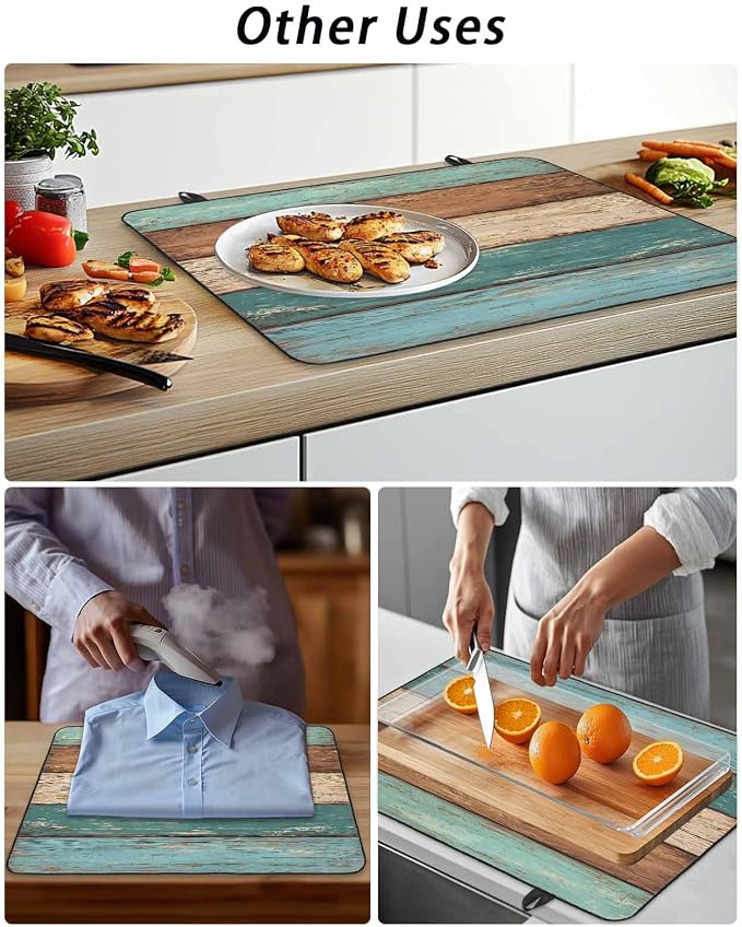 Stove Top Covers for Electric Stove 36x21 Inches,Turquoise Brown Retro HeatResistant Glass Cooktop Protector,Vintage Farmhouse Wood Grain Ceramic Stovetop Countertop Covers Mat,Distressed Oven Cover
