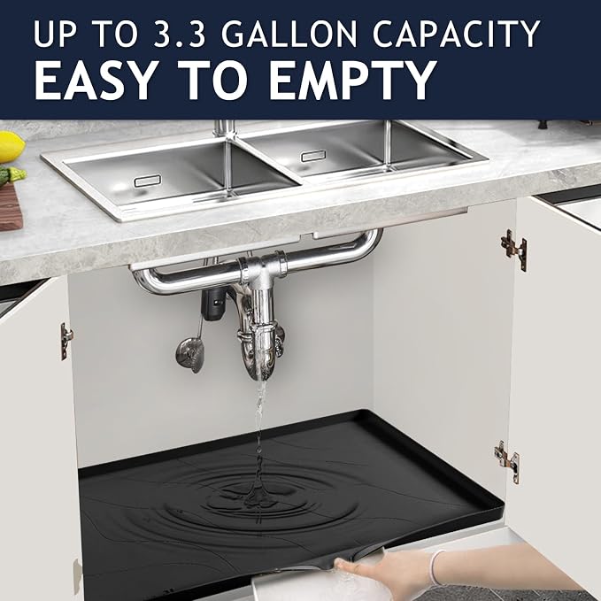 Heavy Duty Silicone Under Sink Mats for Kitchen Waterproof 37" x 19", Extra Thick Under Sink Rubber Mat Drip Tray, Raised Edge Under Sink Liner,Prevent Drips, Leaks, Spills,Black