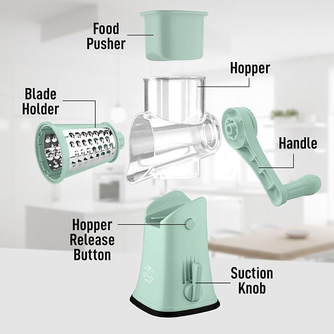 Zulay Kitchen Rotary Cheese Grater 5 Blade Cheese Shredder - Manual Hand Crank Cheese Grater With Reinforced Suction & 5 Interchangeable Drums - Easy to Use, Vegetable Chopper Round Mandoline Slicer