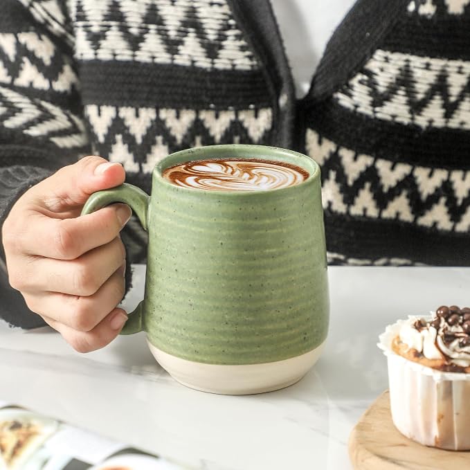 HASENSE Porcelain Coffee Mugs Set of 6, 15 Ounce Large Ceramic Coffee Cups Set with Handle for Latte, Tea, Cocoa and Hot Chocolate, Green Coffee Mugs for Men and Women, Microwave Safe