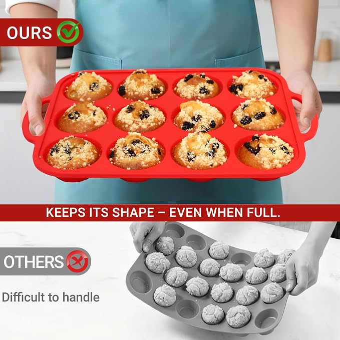 Redfly Silicone Muffin Pans for Baking 12 Cup with Metal Reinforced Frame, Nonstick 2Pack Regular Size Cupcake Pan, BPA Free Food Grade, Easy Release, Dishwasher Oven Freezer Safe for Egg Bite Molds
