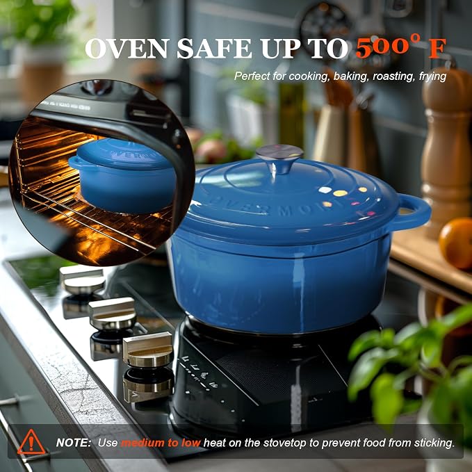 Overmont Enameled Cast Iron Dutch Oven - 4.5QT Pot with Lid Cookbook & Cotton Potholders - Heavy-Duty Cookware for Braising, Stews, Roasting, Sourdough Baking blue