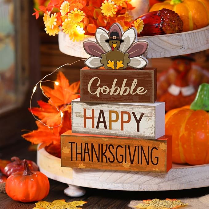 Lineshading 4 Pcs Wooden Thanksgiving Signs Tiered Tray Decor Turkey | Rustic Farmhouse Tabletop Decoration, Stacked Signs Design With Gobble Text, Fall Harvest Home Accents For Mantel Shelf