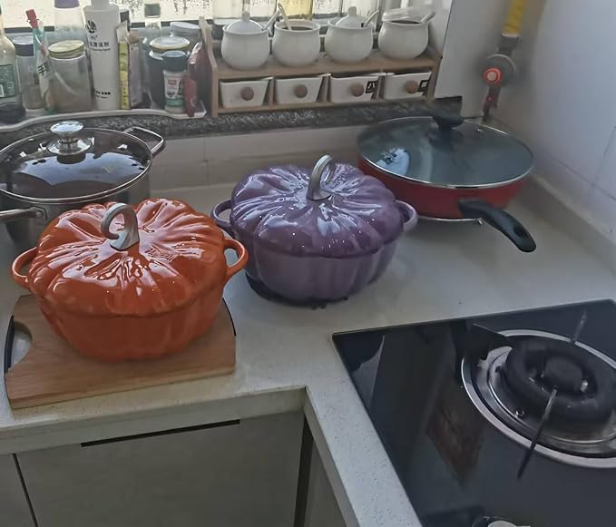 Pumpkin Cocotte Cast Iron Dutch Oven With Lid - Non-Stick Cooking Pot for Stew and Soup - Serves 3-5 - Halloween Thanksgiving Decor Gift (Purple)