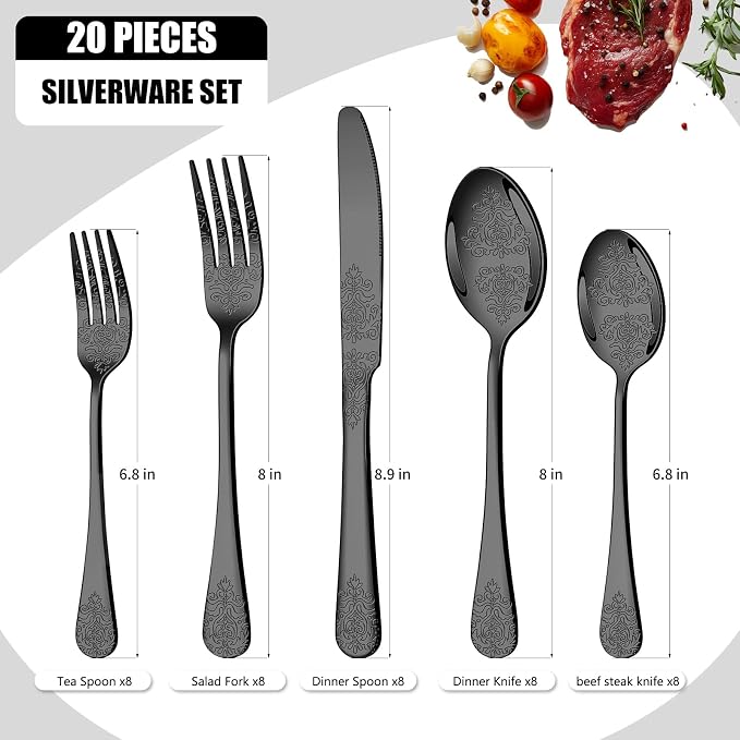 Silverware Set,20-Piece Stainless Steel Flatware Set for 4 | Food-Grade Stainless Steel Cutlery Set,Dishwasher Safe,Mirror Finished Utensil Sets for Home Restaurant,Embossed Pattern-2