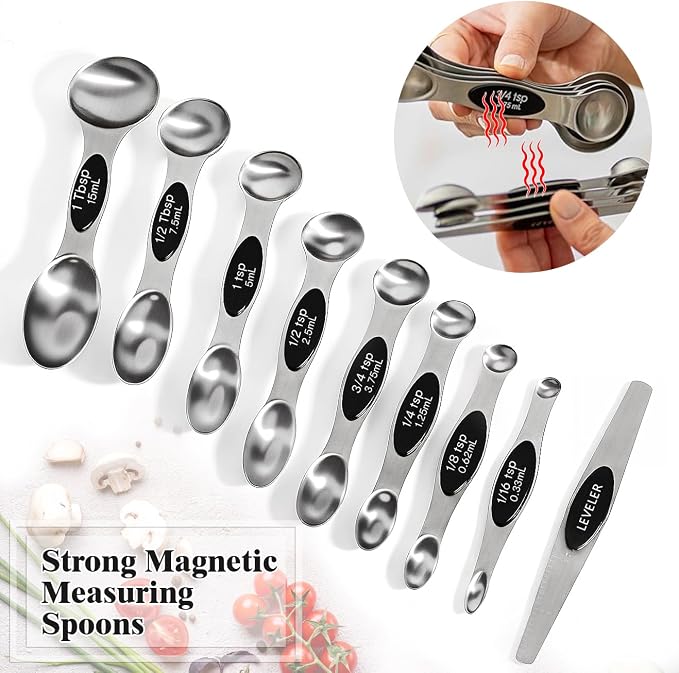 13pcs Stainless Steel Measuring Cups and Spoons Set, 8 Double-Sided Magnetic Measuring Spoons Set & 4 Metal Measuring Cups & 1 Leveler for Kitchen Dry & Liquid Cooking Baking