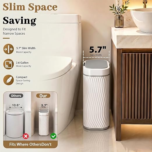 2.6 Gallon Automatic Bathroom Trash Can with Touchless Lid, White Grey | Motion Sensor Trash Can with Slim Waterproof Body; Small Plastic Garbage Can, hands-free lid for Bedroom, office, and kitchen